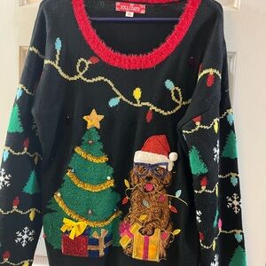 Festive Christmas Sweater with Tree and Dog Design
